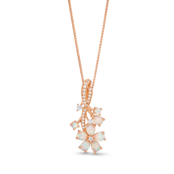 Pear and Round Lab-Created Opal with 1/8 CT. T.w. Diamond Flower Drop Pendant in Sterling Silver with Rose Gold Plate