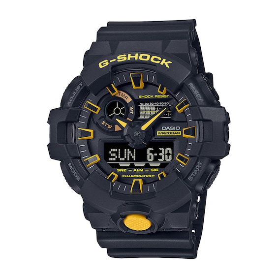 Men's Casio G-Shock Yellow Accent Black Resin Strap Watch with Black Dial (Model: Ga700Cy-1A)