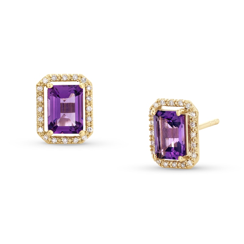 Main Image 1 of Princess-Cut Amethyst and 1/10 CT. T.W. Diamond Open Halo Stud Earrings in 10K  Gold