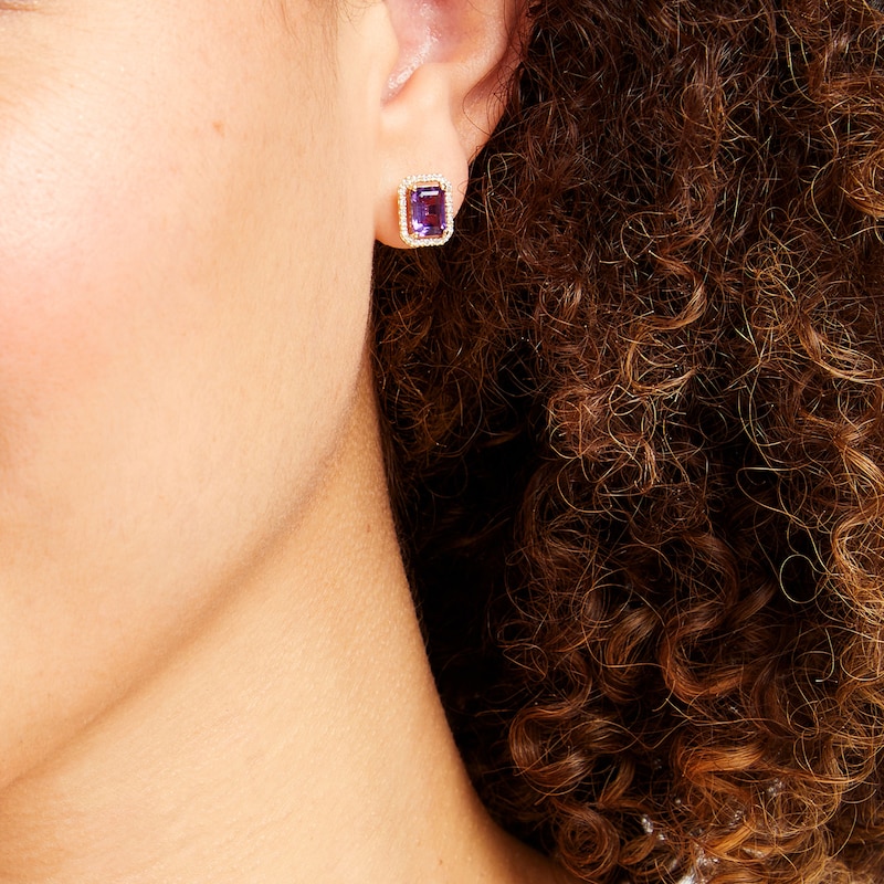 Main Image 2 of Princess-Cut Amethyst and 1/10 CT. T.W. Diamond Open Halo Stud Earrings in 10K  Gold