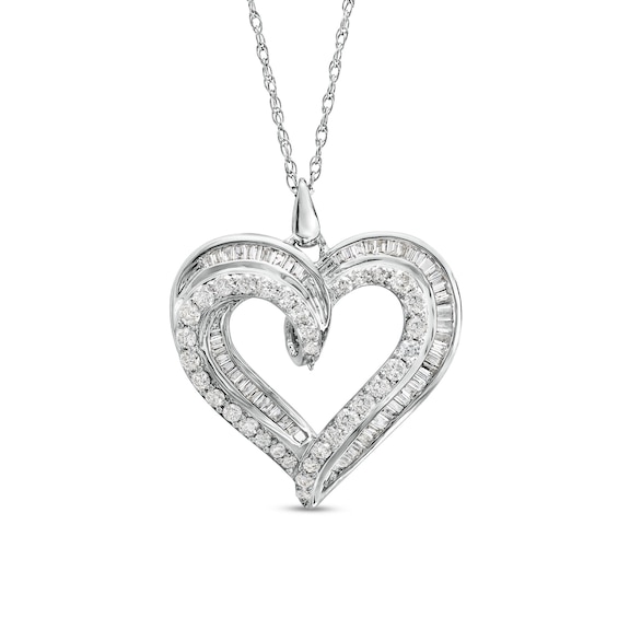 1 CT. T.w. Baguette and Round Diamond Triple Row Loop Heart Pendant in 10K White Gold