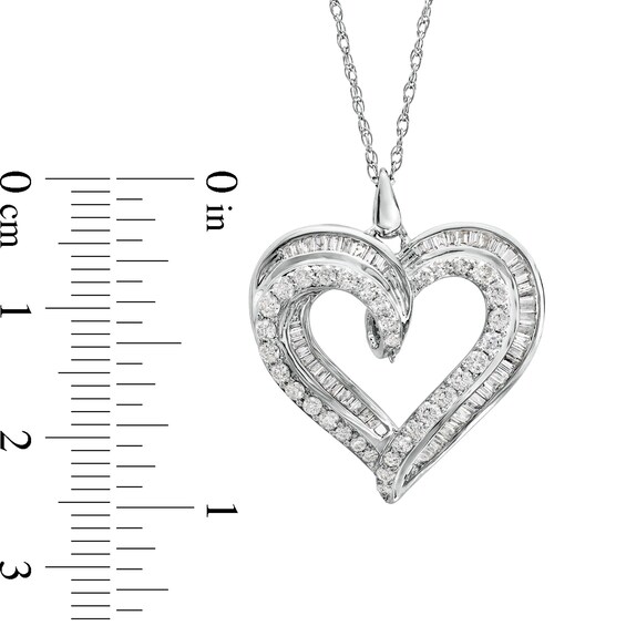 1 CT. T.w. Baguette and Round Diamond Triple Row Loop Heart Pendant in 10K White Gold