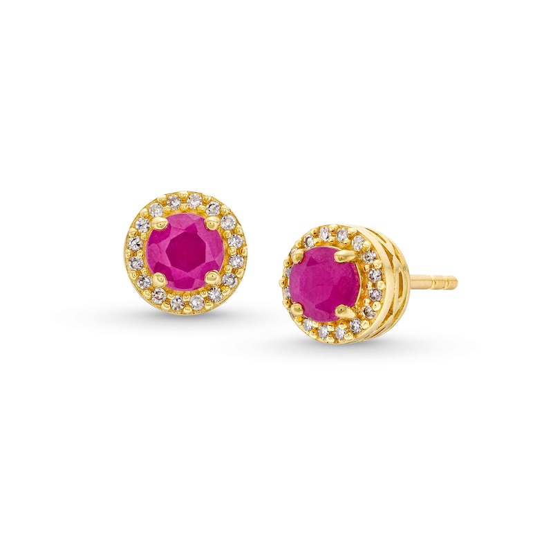 Main Image 1 of Certified Ruby and 1/10 CT. T.W. Diamond Frame Stud Earrings in 10K Gold