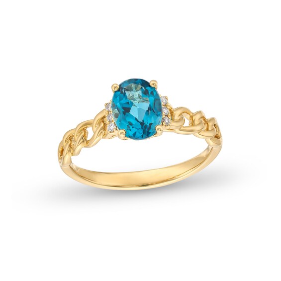 Oval London Blue Topaz and Diamond Accent Collar Curb Chain Shank Ring in 10K Gold