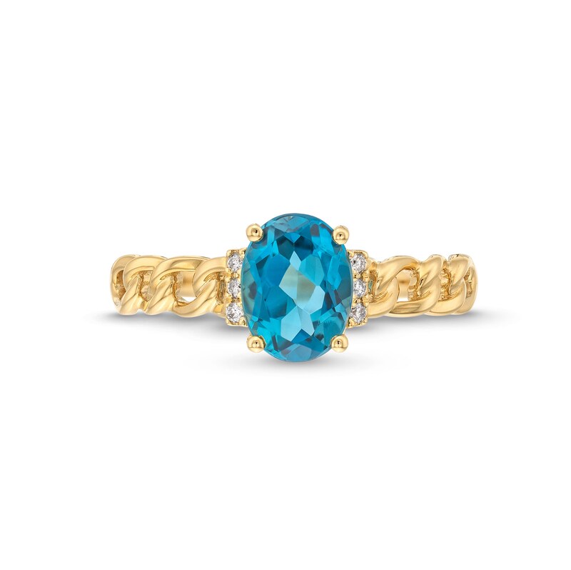 Oval London Blue Topaz and Diamond Accent Collar Curb Chain Shank Ring in 10K Gold