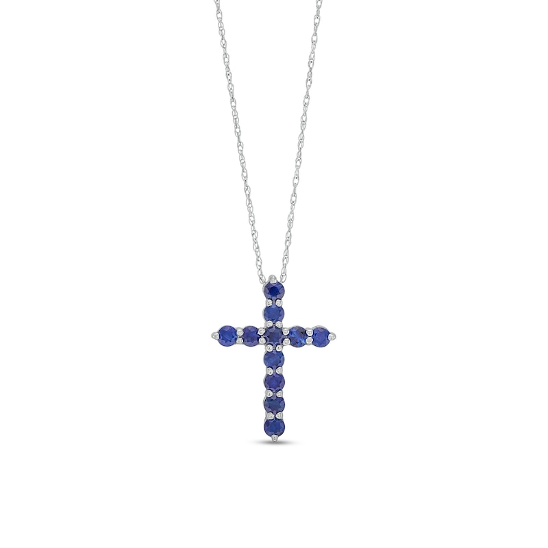 Main Image 1 of Blue Sapphire Cross Pendant in 10K White Gold