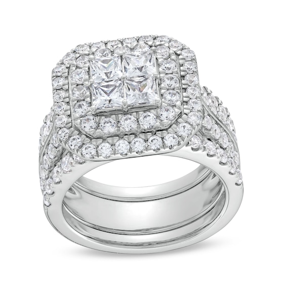 3 CT. T.w. Multi-Diamond Composite Framed Three-Piece Bridal Set in 14K White Gold