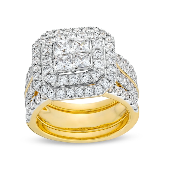 3 CT. T.w. Multi-Diamond Composite Framed Three-Piece Bridal Set in 14K Gold
