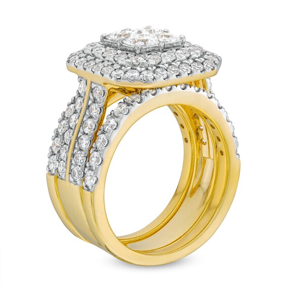 3 CT. T.w. Multi-Diamond Composite Framed Three-Piece Bridal Set in 14K Gold