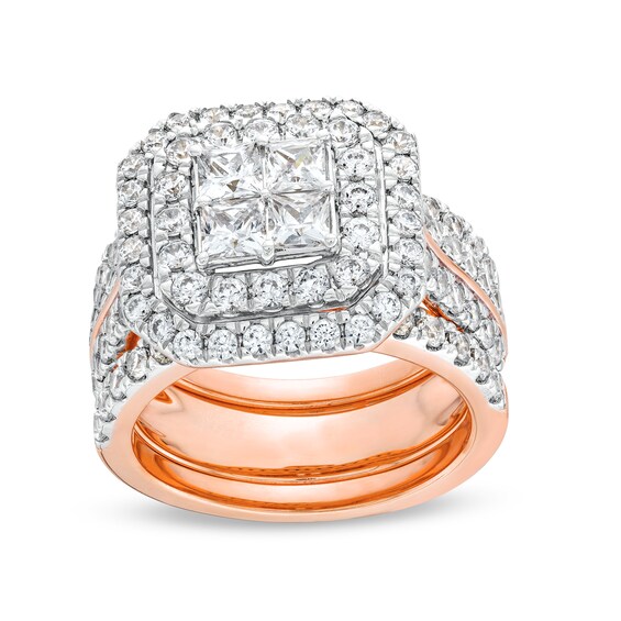3 CT. T.w. Multi-Diamond Composite Framed Three-Piece Bridal Set in 14K Rose Gold