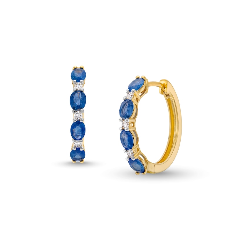 Main Image 1 of Oval Blue Sapphire and 1/8 CT. T.W. Diamond Alternating Hoop Earrings in 10K Gold