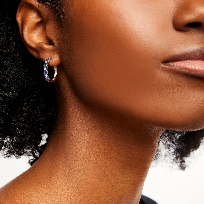 Main Image 2 of Oval Blue Sapphire and 1/8 CT. T.W. Diamond Alternating Hoop Earrings in 10K Gold