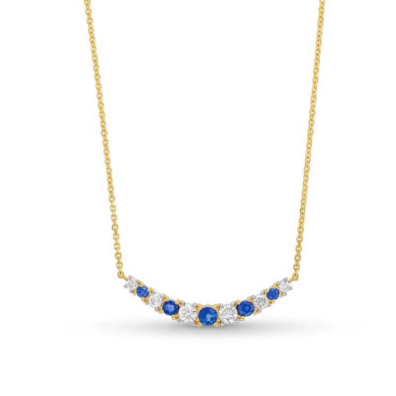 Main Image 1 of Blue Sapphire and 1/4 CT. T.W. Diamond Alternating Curved Bar Necklace in 10K Gold