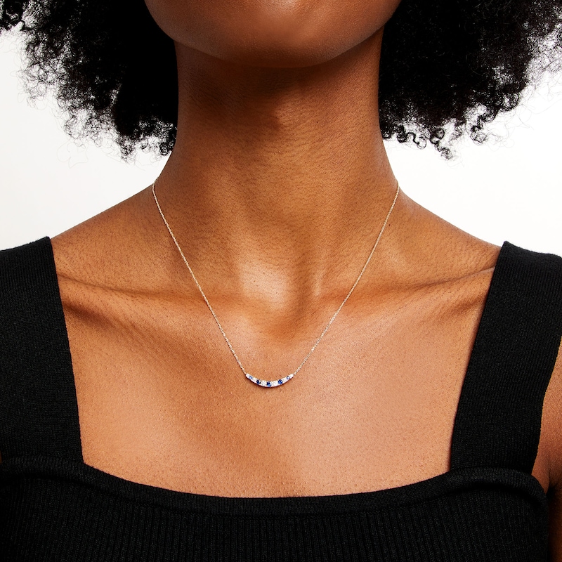 Main Image 2 of Blue Sapphire and 1/4 CT. T.W. Diamond Alternating Curved Bar Necklace in 10K Gold