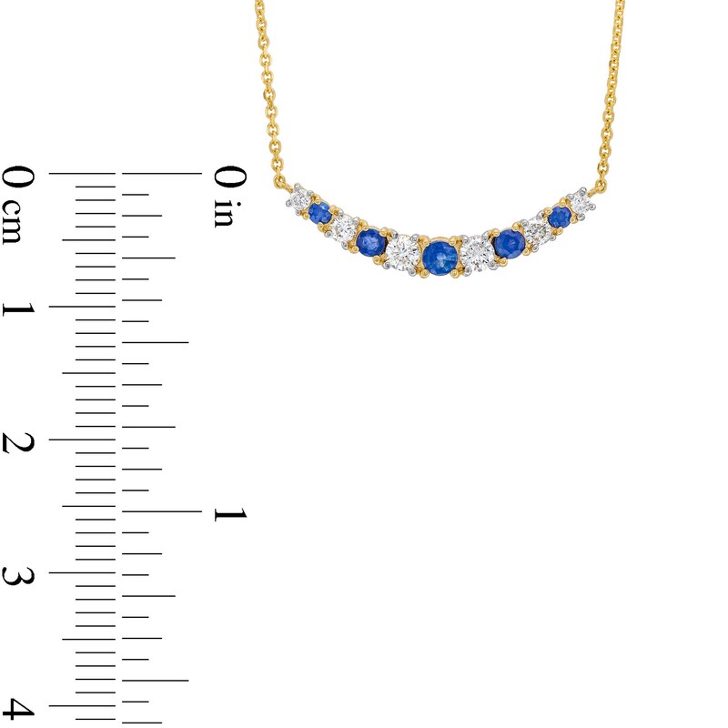 Main Image 4 of Blue Sapphire and 1/4 CT. T.W. Diamond Alternating Curved Bar Necklace in 10K Gold