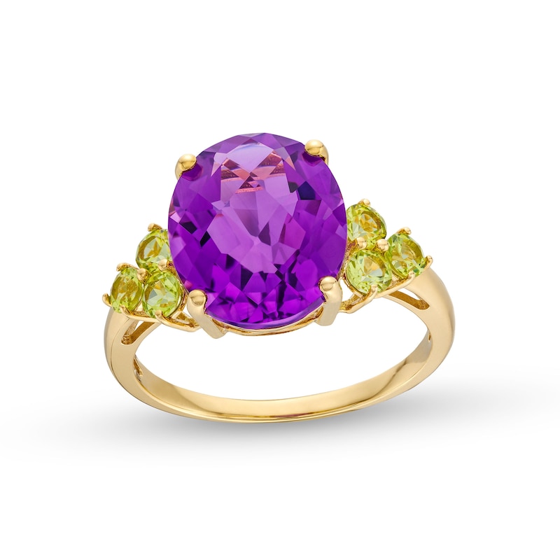 Main Image 1 of Oval Amethyst and Peridot Fashion Ring in 10K Gold