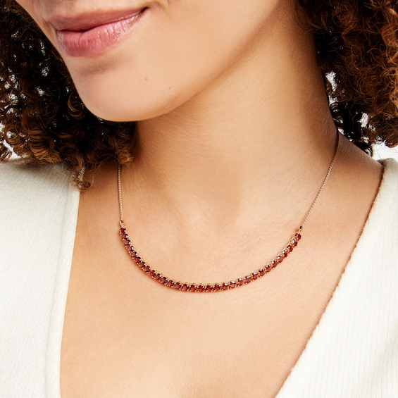 Round Garnet Half Tennis Necklace in 10K Gold