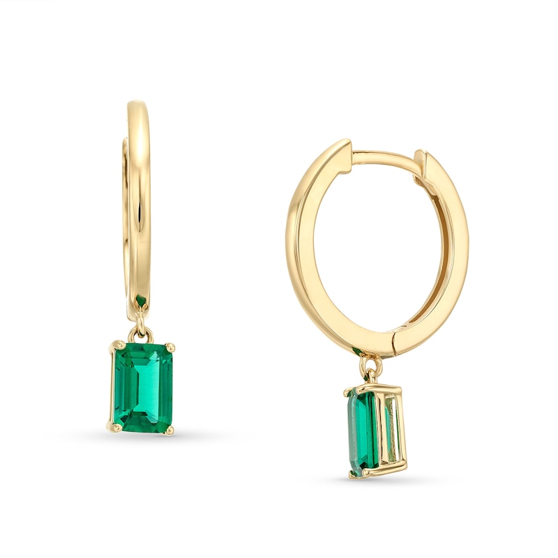 Main Image 1 of Emerald-Cut Lab-Created Emerald Solitaire Drop Earrings in 10K Gold