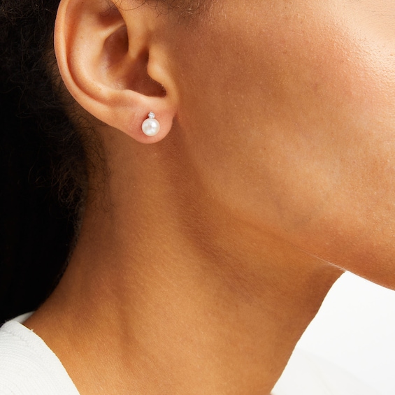 6.0-6.5mm Akoya Cultured Pearl and 1/20 CT. T.w. Diamond Stud Earrings in 14K White Gold