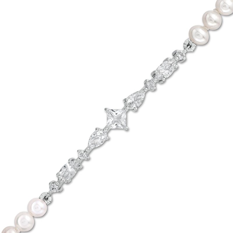 4 x 5.0mm Cultured Freshwater Pearl and White Lab-Created Sapphire Bracelet in Sterling Silver