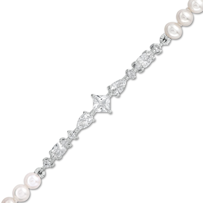 4 x 5.0mm Freshwater Cultured Pearl and White Lab-Created Sapphire Bracelet in Sterling Silver