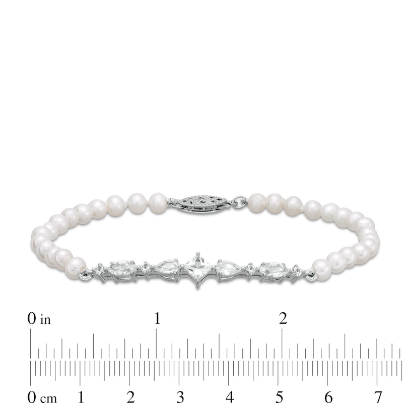 4 x 5.0mm Cultured Freshwater Pearl and White Lab-Created Sapphire Bracelet in Sterling Silver