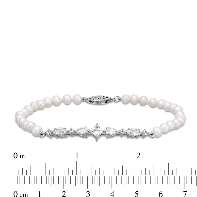 4 x 5.0mm Freshwater Cultured Pearl and White Lab-Created Sapphire Bracelet in Sterling Silver