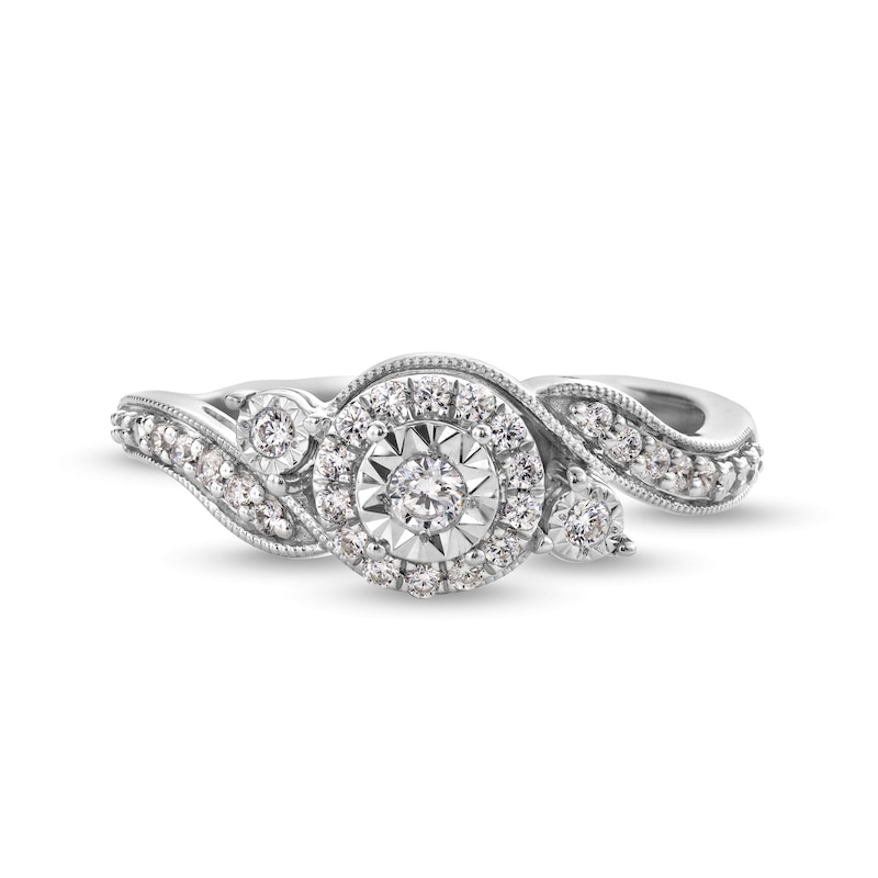 Main Image 4 of 1/4 CT. T.W. Diamond Past Present Future® Miracle Bypass Shank Engagement Ring in 10K White Gold