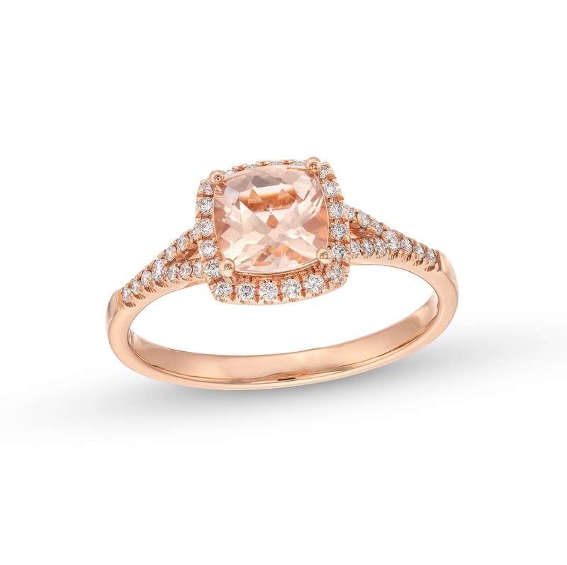 Main Image 1 of 7.0mm Cushion-Cut Morganite and 1/4 CT. T.W. Diamond Frame Split Shank Ring in 10K Rose Gold