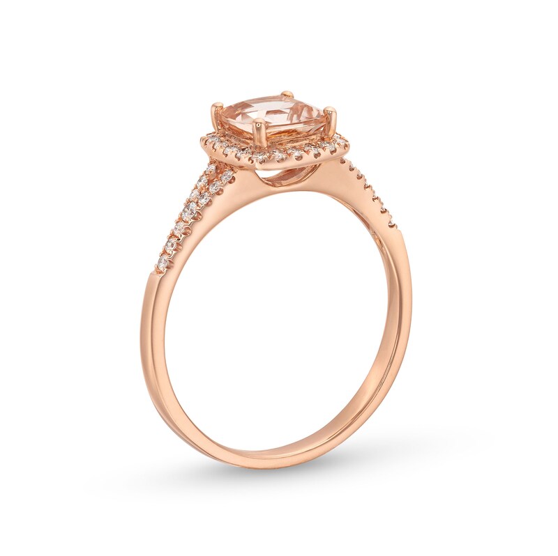 Main Image 3 of 7.0mm Cushion-Cut Morganite and 1/4 CT. T.W. Diamond Frame Split Shank Ring in 10K Rose Gold