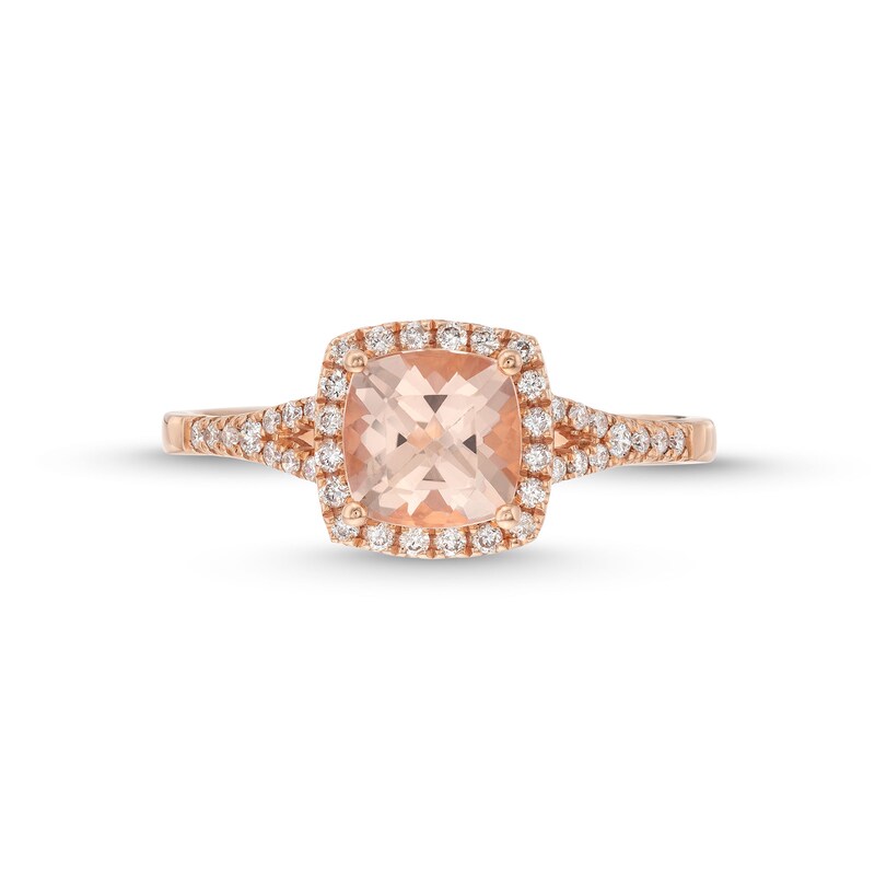 Main Image 4 of 7.0mm Cushion-Cut Morganite and 1/4 CT. T.W. Diamond Frame Split Shank Ring in 10K Rose Gold