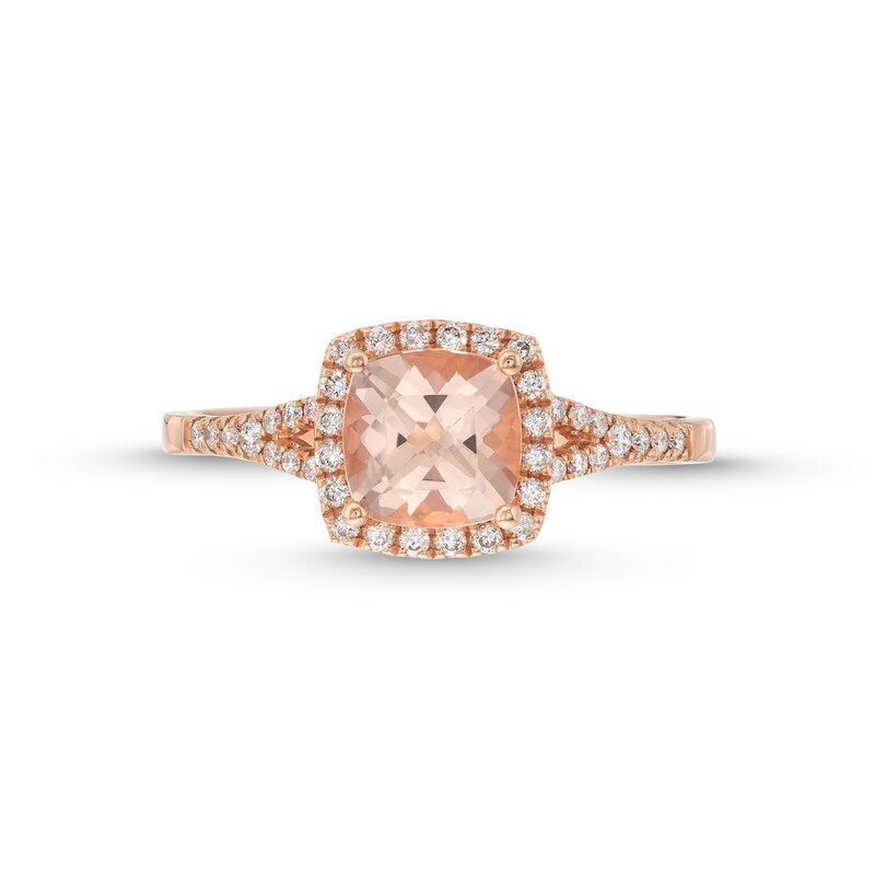 7.0mm Cushion-Cut Morganite and 1/4 CT. T.W. Diamond Frame Split Shank Ring in 10K Rose Gold