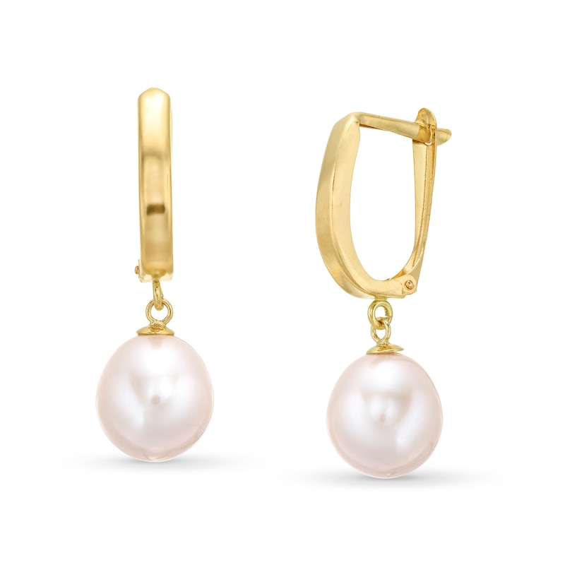 9.0 - 10.0mm Oval Cultured Freshwater Pearl Drop Earrings in 14K Gold