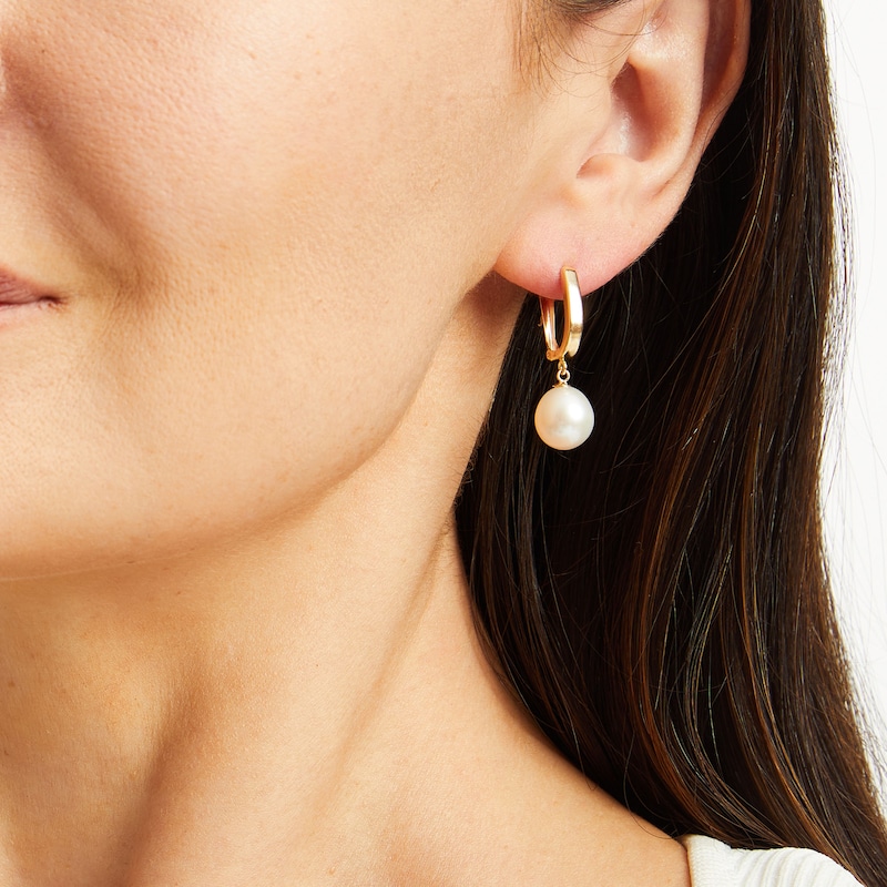 9.0 - 10.0mm Oval Cultured Freshwater Pearl Drop Earrings in 14K Gold