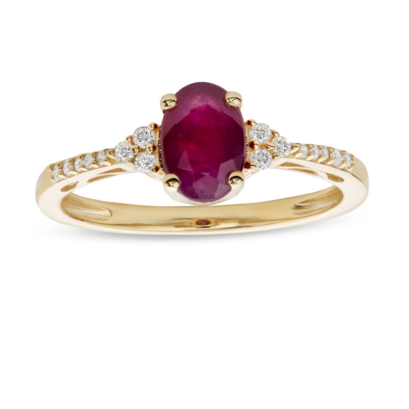 Main Image 1 of Oval Certified Ruby and 1/10 CT. T.W. Diamond Tri-Sides Ring in 10K Gold