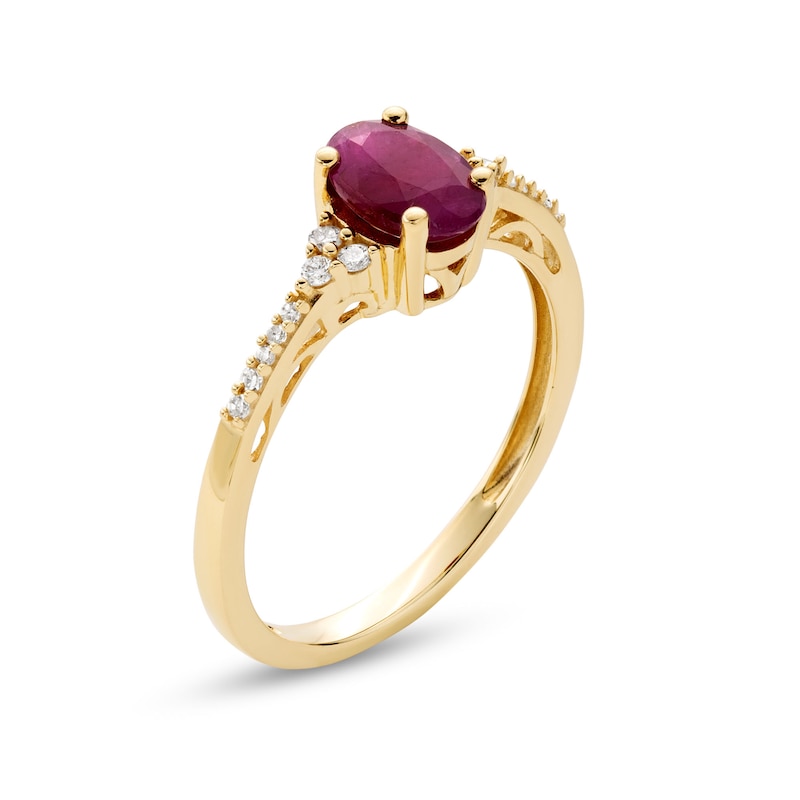 Main Image 3 of Oval Certified Ruby and 1/10 CT. T.W. Diamond Tri-Sides Ring in 10K Gold
