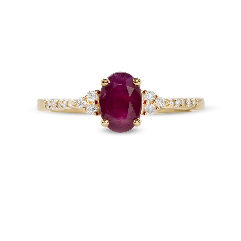 Main Image 4 of Oval Certified Ruby and 1/10 CT. T.W. Diamond Tri-Sides Ring in 10K Gold