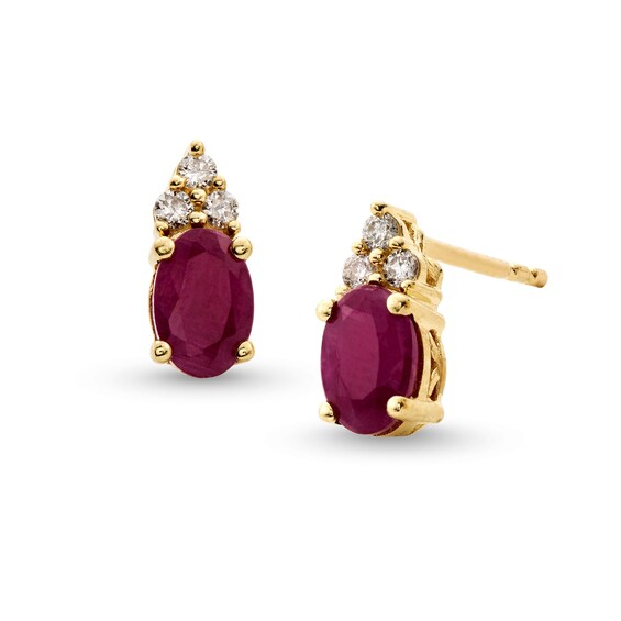 Oval Certified Ruby and 1/10 CT. T.w. Diamond Tri-Top Stud Earrings in 10K Gold