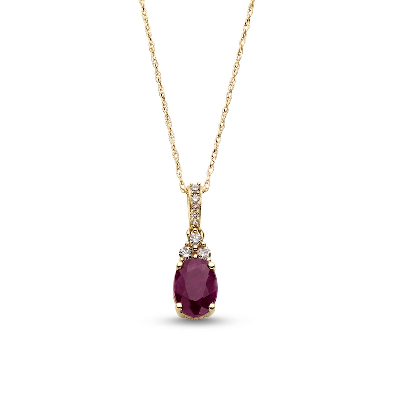 Oval Certified Ruby and 1/15 CT. T.W. Diamond Tri-Top Pendant in 10K Gold