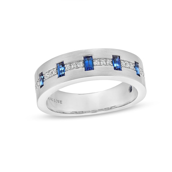 Vera Wang Love Collection Men's Baguette Blue Sapphire and 1/8 CT. T.w. Diamond Band in 14K White Gold