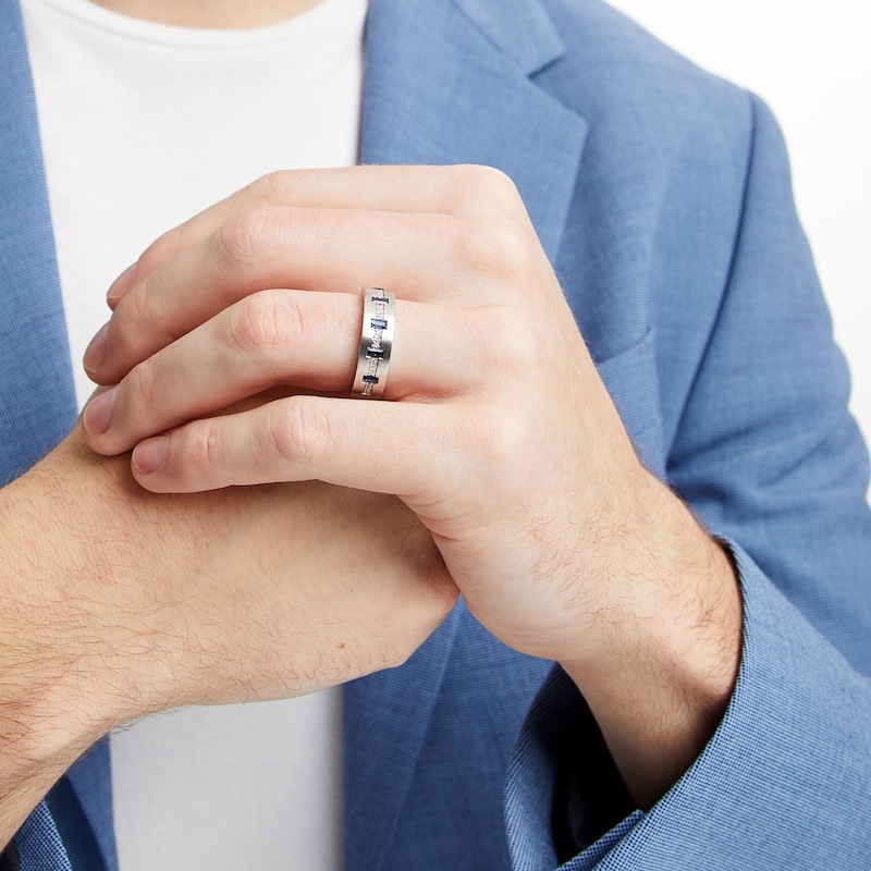 Main Image 2 of Vera Wang Men's Baguette Blue Sapphire and 1/8 CT. T.W. Diamond Band in 14K White Gold