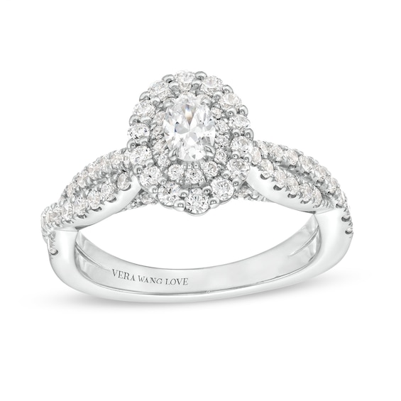Vera Wang Love Collection 1 CT. T.w. Oval Diamond Double Frame Twist Shank Engagement Ring in 14K White Gold