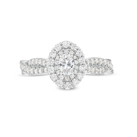 Vera Wang Love Collection 1 CT. T.w. Oval Diamond Double Frame Twist Shank Engagement Ring in 14K White Gold