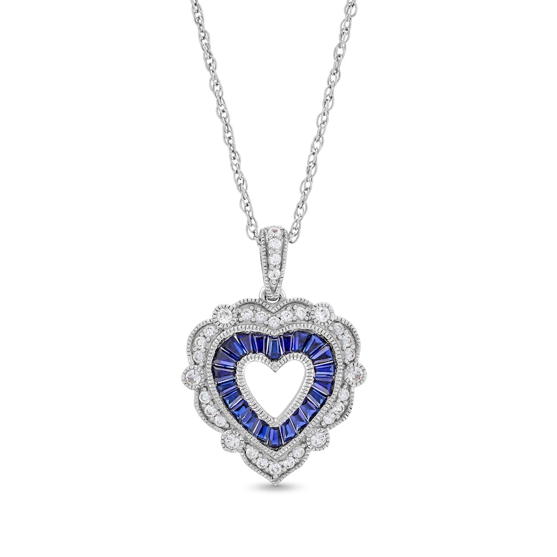 Blue Ceylon and White Lab-Created Sapphire Heart Pendant in Sterling Silver