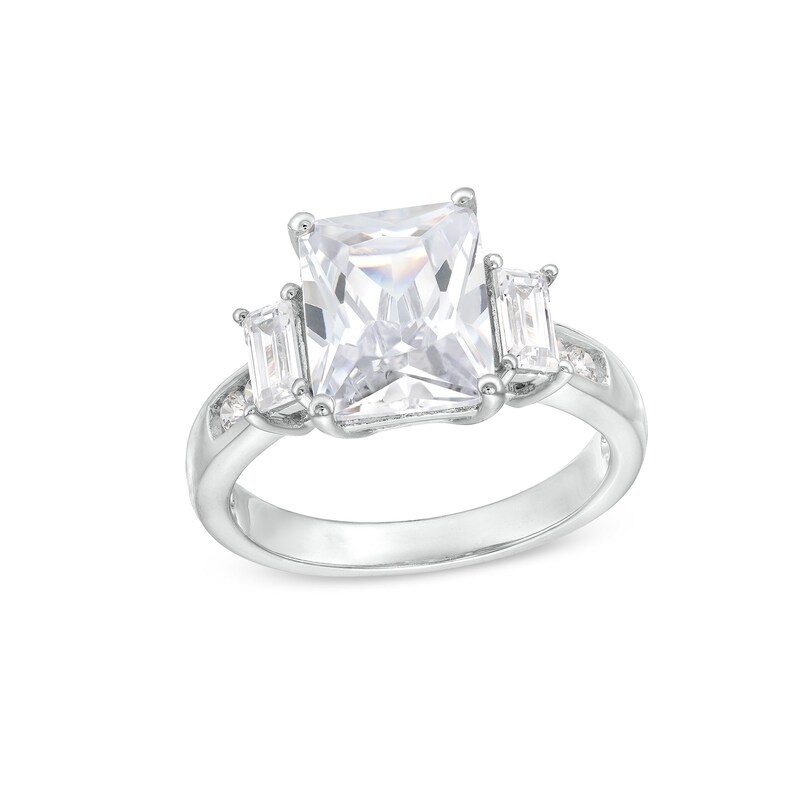 Main Image 1 of Emerald White Lab-Created Sapphire Three Stone Ring in Sterling Silver