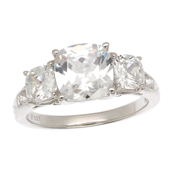 Cushion White Lab-Created Sapphire Three Stone Ring in Sterling Silver