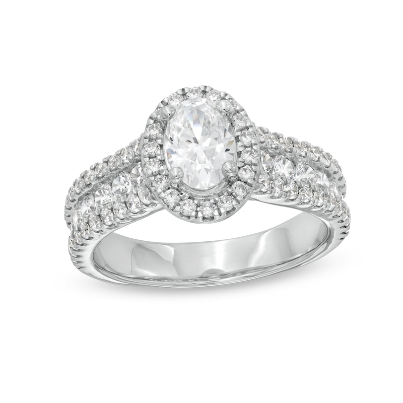 Main Image 1 of 1-3/4 CT. T.W. Certified Oval Lab-Grown Diamond Frame Triple Row Engagement Ring in 14K White Gold (F/VS2)