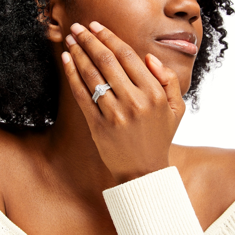 Main Image 2 of 1-3/4 CT. T.W. Certified Oval Lab-Grown Diamond Frame Triple Row Engagement Ring in 14K White Gold (F/VS2)