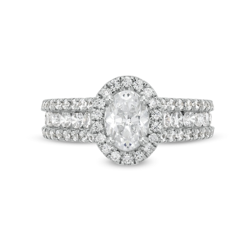 Main Image 4 of 1-3/4 CT. T.W. Certified Oval Lab-Grown Diamond Frame Triple Row Engagement Ring in 14K White Gold (F/VS2)