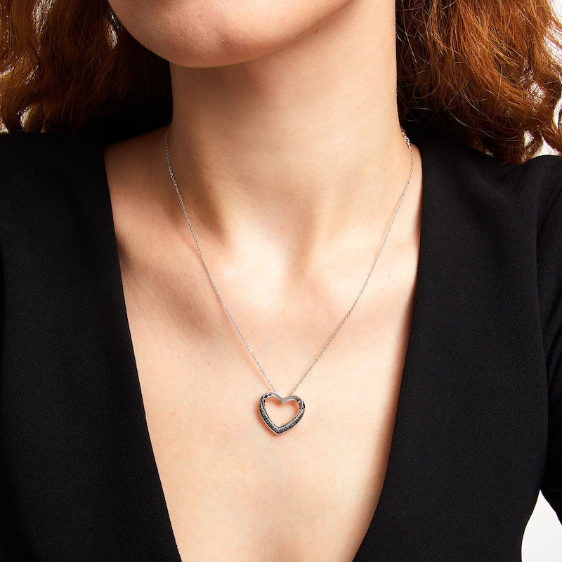 Main Image 2 of 1/10 CT. T.W. Black Diamond Tilted Open Heart Necklace in Sterling Silver